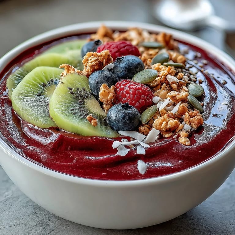 Close-up of a Beet and Berry Smoothie Bowl showing a thick, creamy texture topped with granola and colorful fresh fruit.