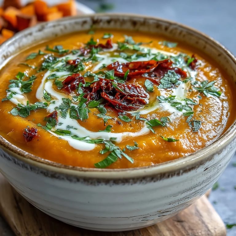 Spiced Carrot, Celeriac and Chilli Soup blended smooth in a rustic bowl with a lemon wedge.