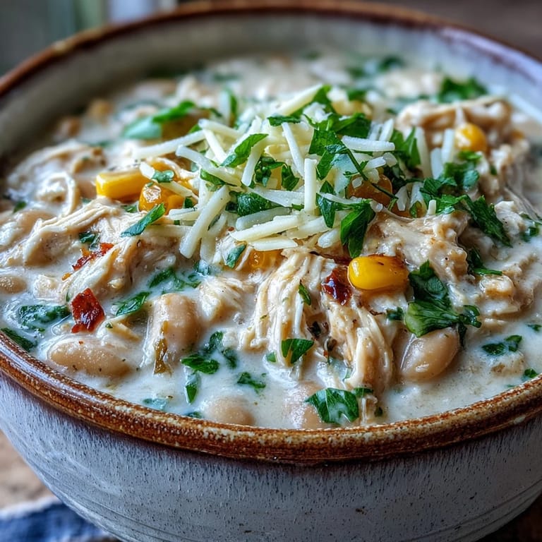 Hearty White Chicken Chili in a rustic bowl garnished with green onions and Monterey Jack cheese.