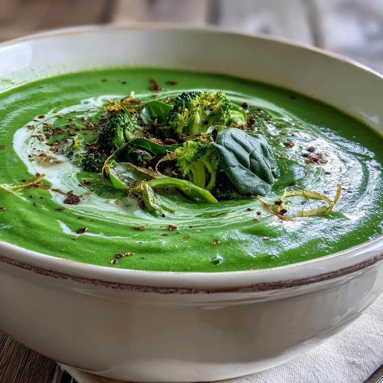 Creamy green Big Green Immunity-Boosting Vegetable Soup in a rustic bowl, garnished with lemon slices and fresh spinach.