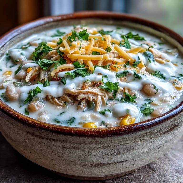 Creamy White Chicken Chili simmering in a pot, topped with fresh cilantro and shredded cheese.
