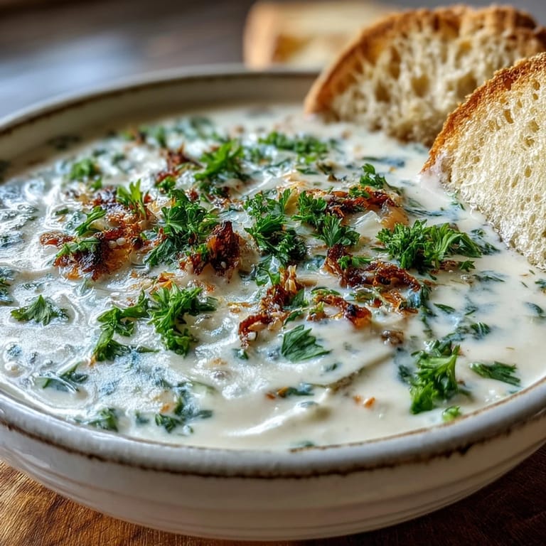 Hearty Creamy Vegetable Soup with broccoli and cauliflower, served hot with crusty bread on the side.
