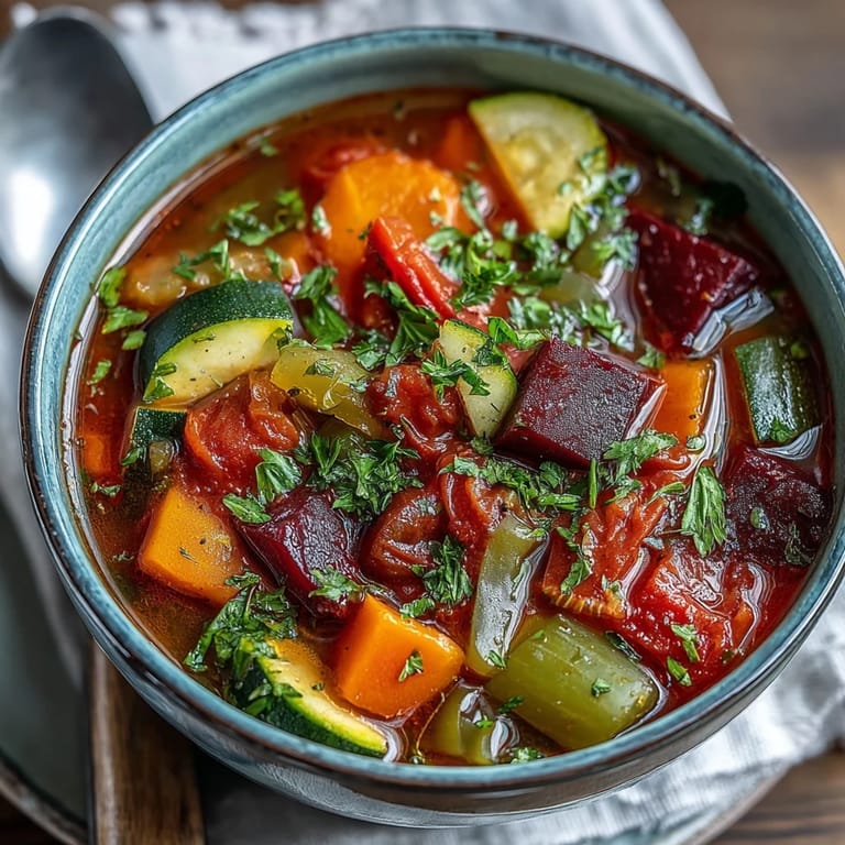 Steaming pot of Rainbow Vegetable Detox Soup featuring vibrant red beets, orange carrots, and green zucchini.