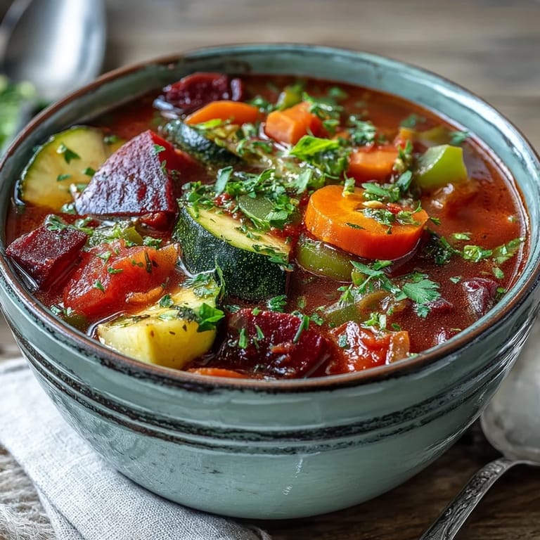 Vivid close-up of Rainbow Vegetable Detox Soup with lemon wedge and fresh herbs on a rustic table.