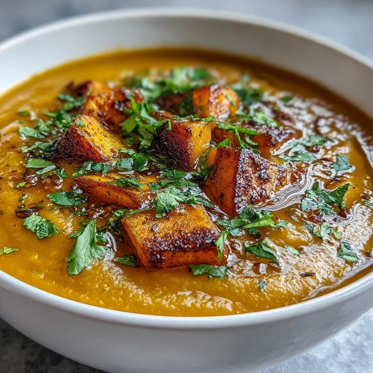 Roasted butternut squash and red lentil soup in a rustic ceramic bowl, steam rising from the golden, spiced blend.