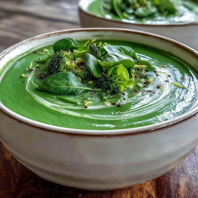 A bowl of vibrant green Big Green Immunity-Boosting Vegetable Soup topped with cashew cream and served alongside crusty bread.