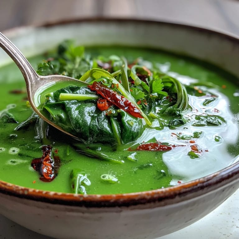 Vibrant green Spinach Coriander Lemongrass Soup simmering in a pot, showcasing its creamy coconut milk base and aromatic Thai herbs.