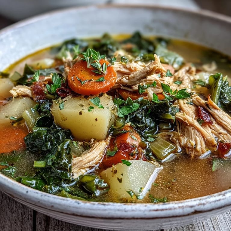 Hearty serving of Collard Greens, Chicken and Vegetable Soup in a white bowl, garnished with herbs and ready to enjoy.