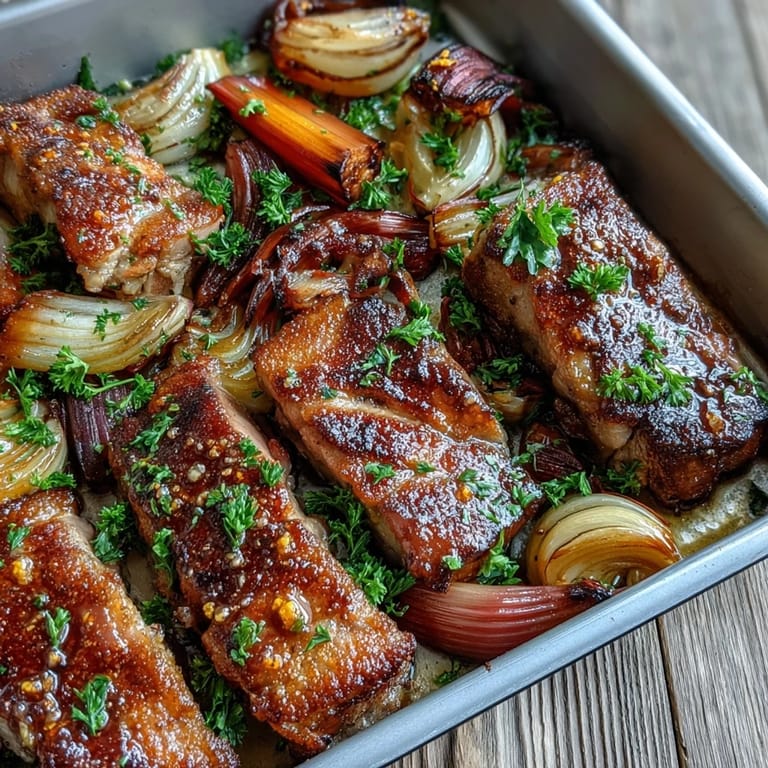 Sliced pork shoulder glazed with honey and orange zest, paired with tender rhubarb and onions for a sweet-savory traybake.