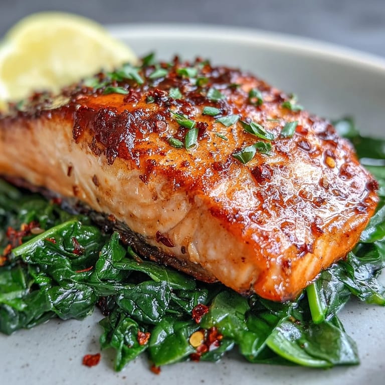 Air Fryer Salmon and Swiss Chard topped with garlicky greens and lemon.