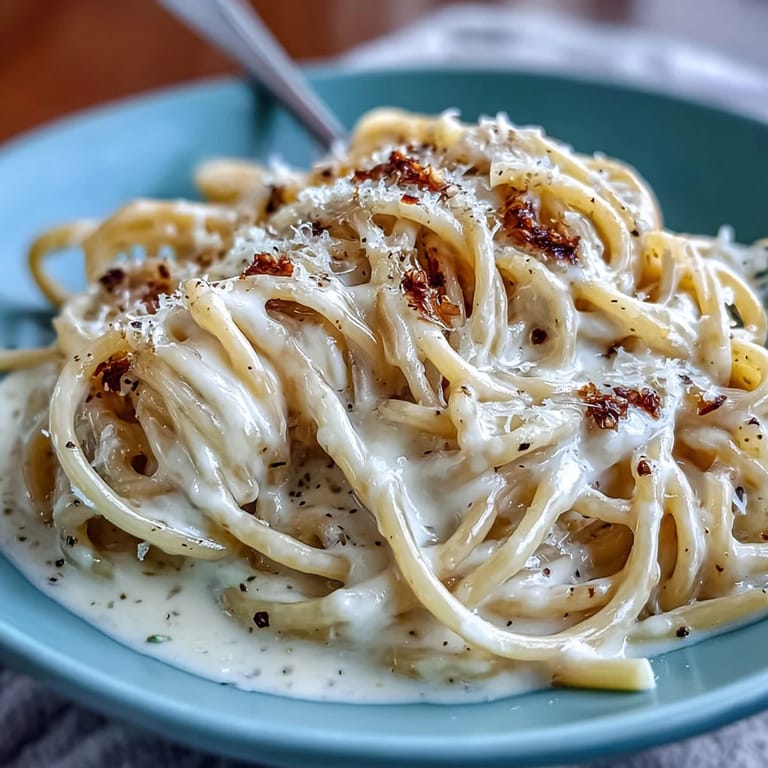 A white bowl filled with Cacio e Pepe, topped with a generous dusting of finely grated Pecorino Romano and freshly cracked black pepper. 