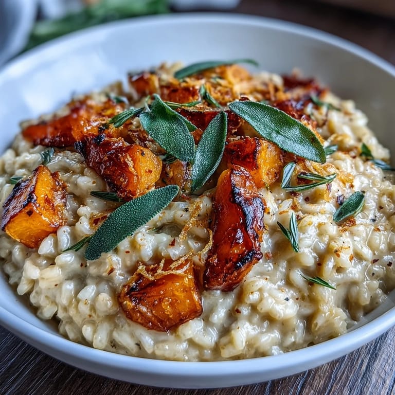 Rich Vegan Pumpkin Risotto garnished with nutritional yeast and lemon zest, ready to serve for dinner.