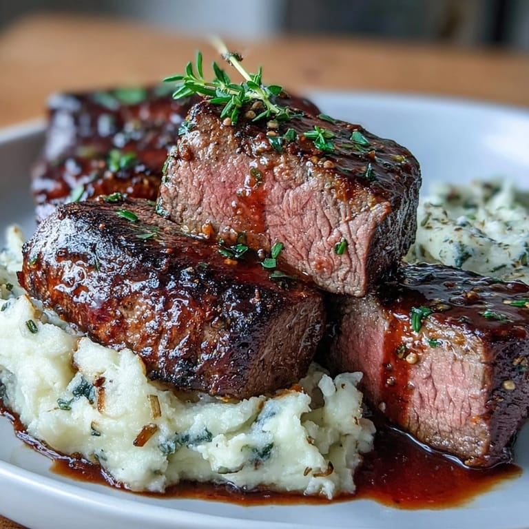 Tender venison steaks topped with caraway crushed swede and a rich red wine reduction sauce.