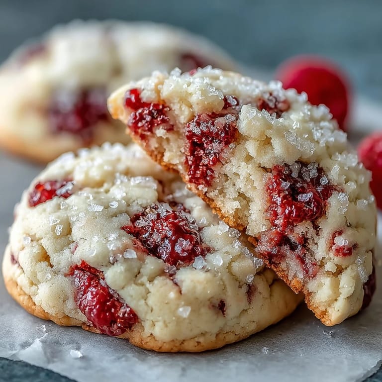 Golden-brown Soft Chewy Raspberry Sugar Cookies with tender centers and vivid red raspberry pieces, stacked slightly on a white ceramic plate.