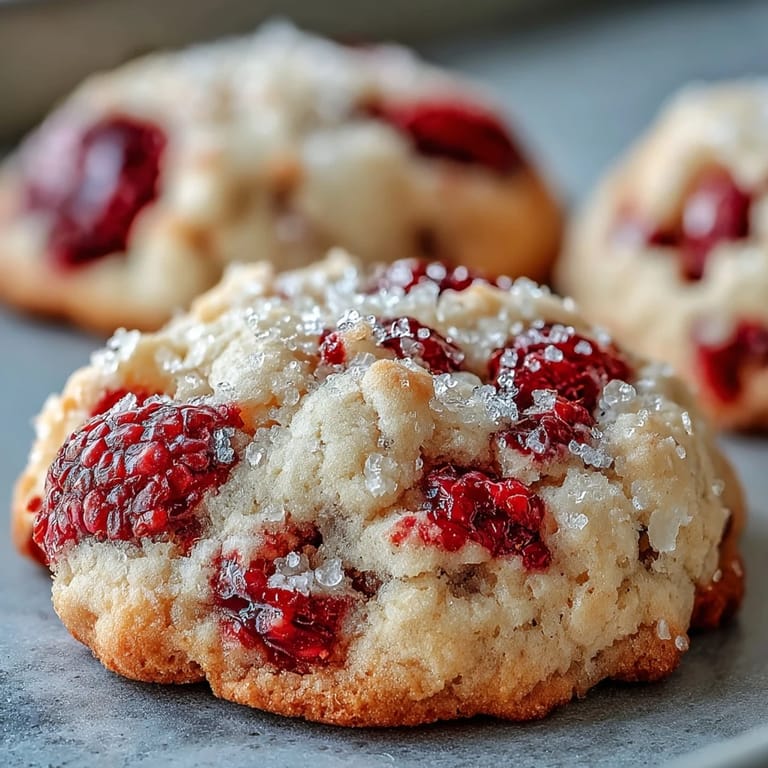 Freshly baked Soft Chewy Raspberry Sugar Cookies on parchment with scattered fresh raspberries, ready for an afternoon treat.