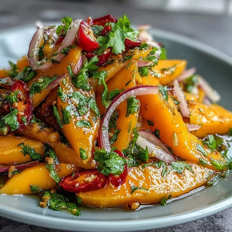 A vibrant plate of Refreshing Mango Salad with Lime Dressing with juicy mango, sliced red onion, and chili threads, ready to serve with a lime wedge.
