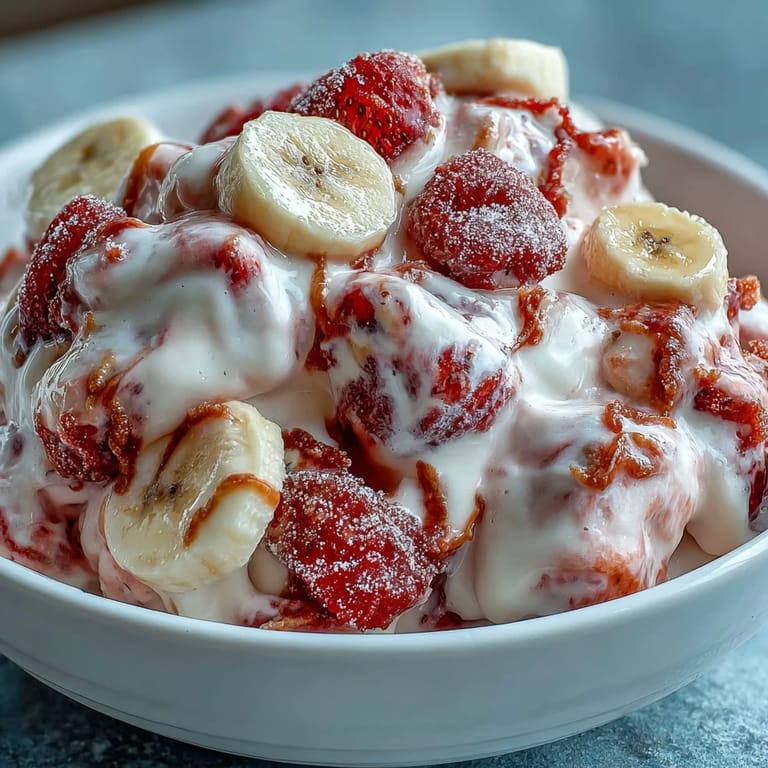 Ready-to-eat Strawberry & Banana Yoghurt Clusters served in a bowl with fresh fruit for a refreshing snack.