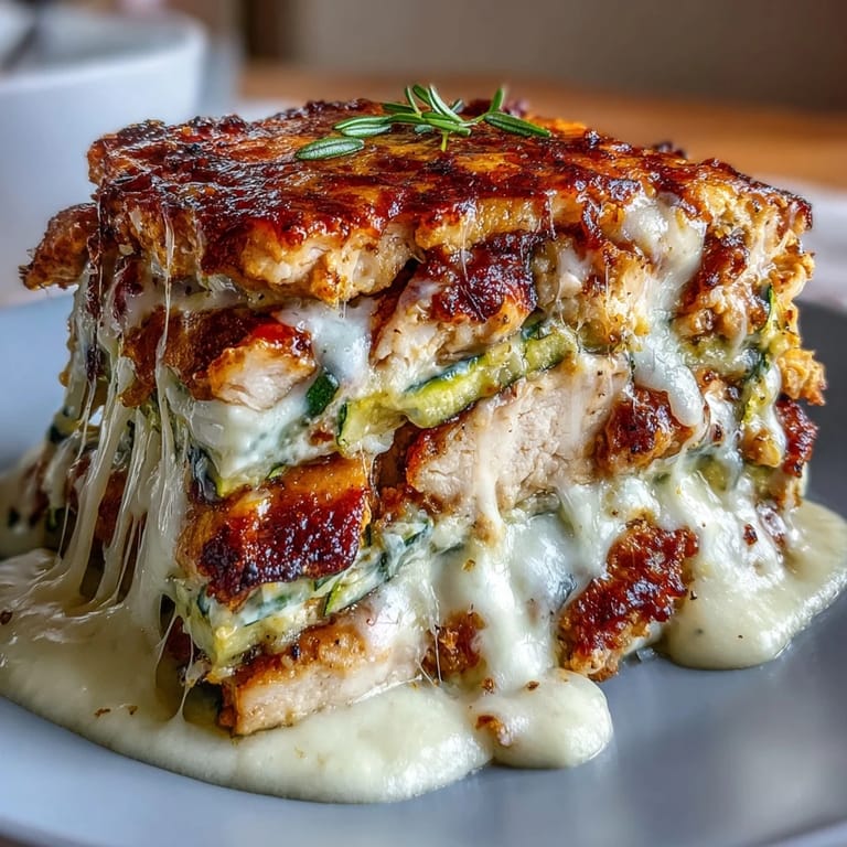 Sliced portions of High Protein Chicken Zucchini Bake reveal layered zucchini and tender chicken in a creamy egg mixture.