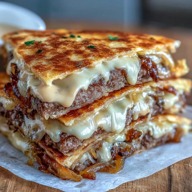 Golden Cheesy Griddled Smashburger Quesadilla wedges served with pickles and a creamy mustard sauce on a plate.