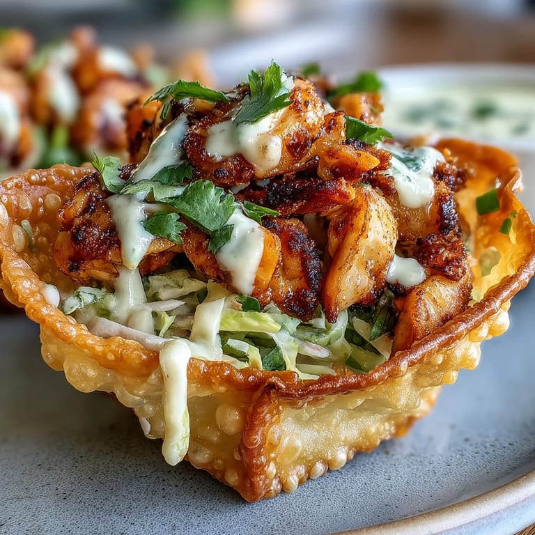 Golden crispy wonton shells stuffed with ginger chicken and fresh cilantro garnish on a platter.