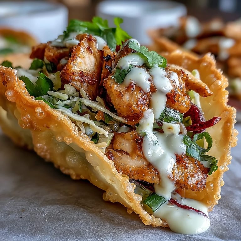 Assembled Crispy Chicken Wonton Tacos with shredded carrots, green onions, and fresh lime wedges.