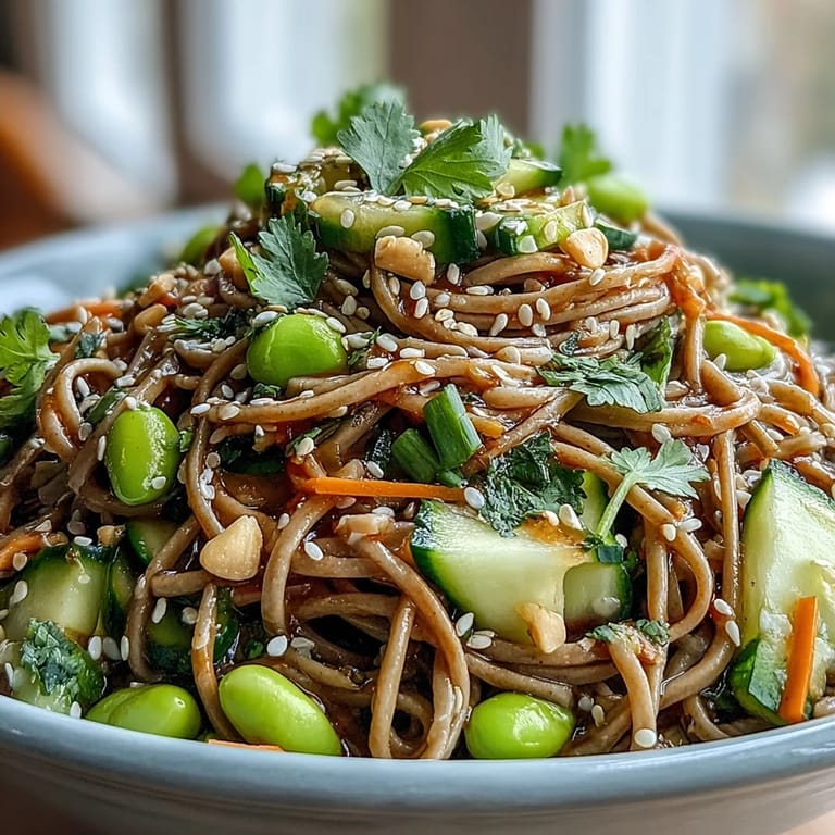 Vibrant Soba Noodle Bowl featuring julienned vegetables and tender buckwheat noodles, drizzled with savory sesame dressing in a ceramic bowl.