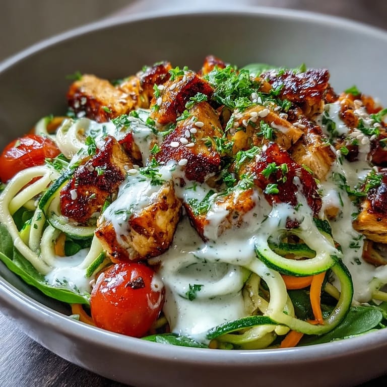 Healthy gluten-free spiralized vegetable bowl featuring tender zucchini noodles, sweet potato, and tofu, garnished with toasted sesame seeds and parsley.