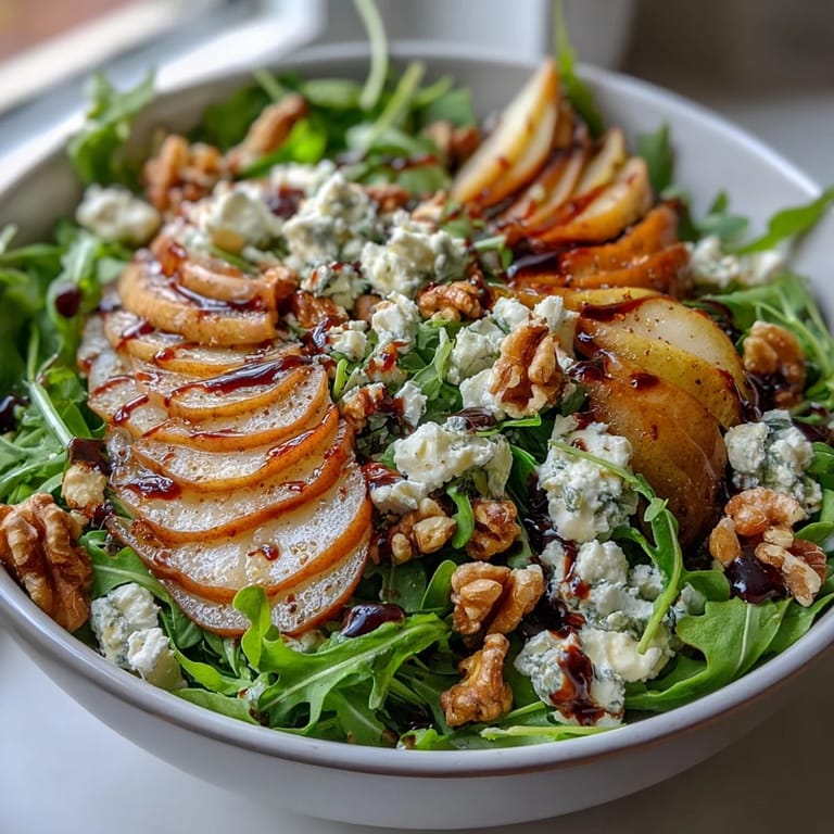 Arugula and Pear Bowl with creamy goat cheese and crunchy pecans, paired with a glass of wine.