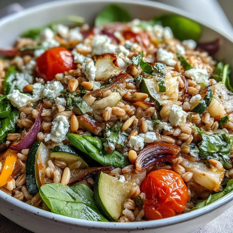 Colorful Mediterranean Farro Pasta Bowl with zesty lemon dressing and fresh herbs for serving.