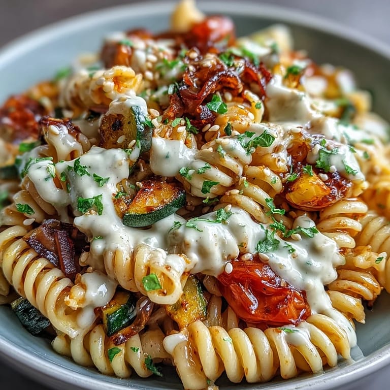 Close-up on the chickpea pasta bowl, featuring caramelized cherry tomatoes, sesame seeds, and a generous drizzle of tahini.