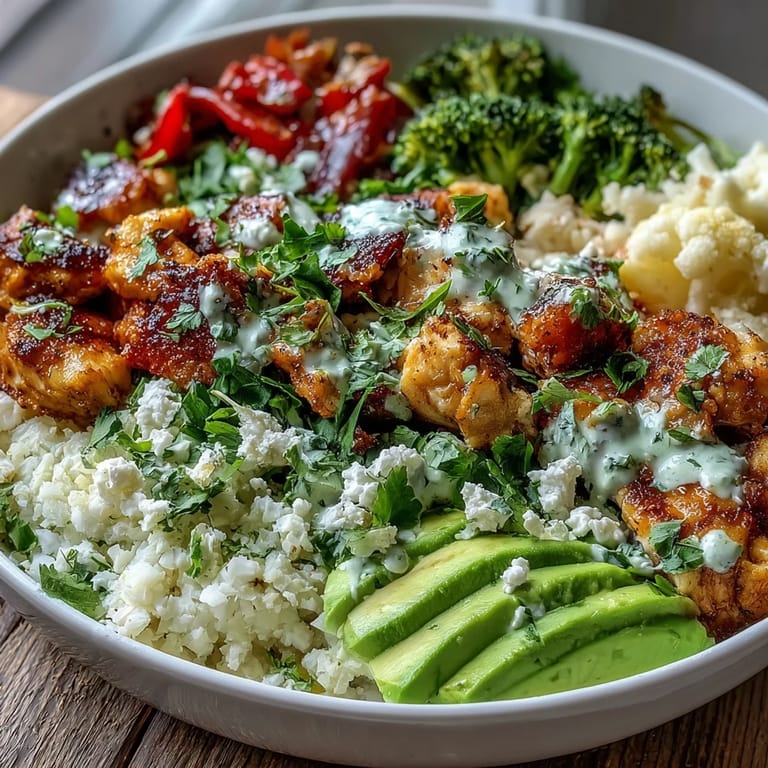 A close-up view of a colorful low-carb cauliflower rice bowl, featuring vibrant red bell peppers and juicy cherry tomatoes.
