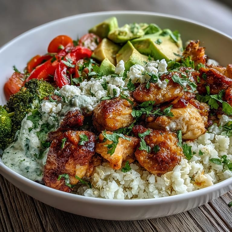 A delicious homemade Cauliflower Rice Bowl garnished with crumbled feta, ready to be drizzled with a creamy tahini yogurt sauce.