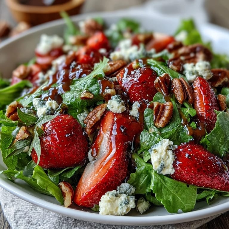 A vibrant Spring Dinner Party Strawberry Arugula Salad with Balsamic Glaze, featuring sweet strawberries, tangy goat cheese, and crunchy pecans over fresh greens.