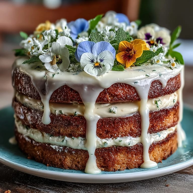 Beautiful naked cake layered with zesty lemon curd and whipped cream, topped with colorful edible spring flowers.  