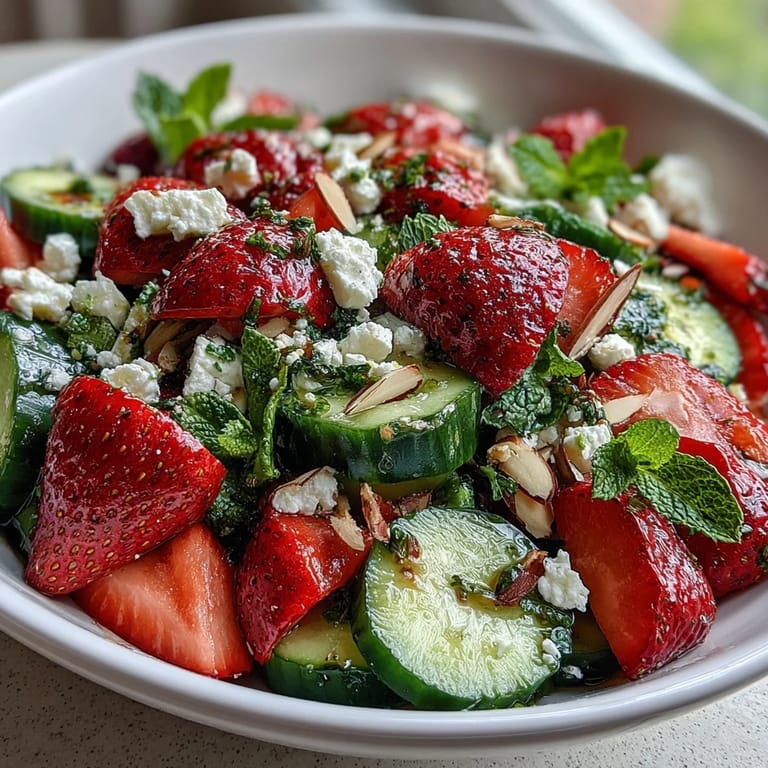 Crisp cucumber slices, juicy strawberries, and fragrant mint leaves combine in a light, bright salad perfect for warm weather.