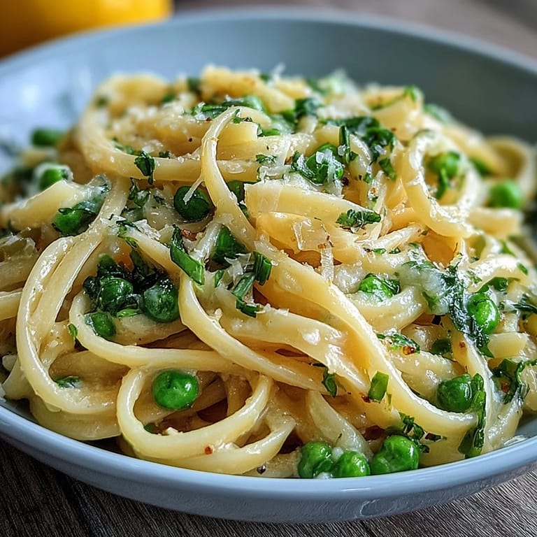 Bright lemon butter sauce coats linguine and peas, finished with Parmesan and a sprinkle of zest.