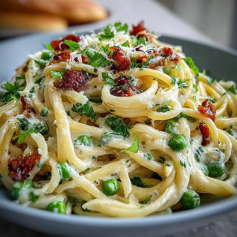 Close-up of lemon butter pasta with vibrant green peas and melted Parmesan on a white plate.