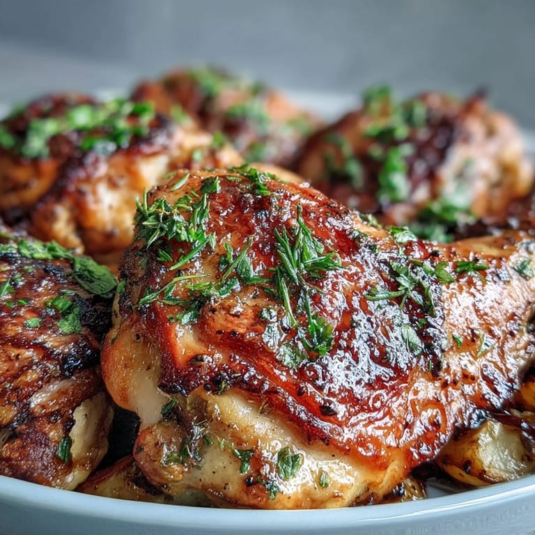 Aromatic herb chicken with caramelized root vegetables, garnished with fresh parsley and served with lemon wedges for brightness.