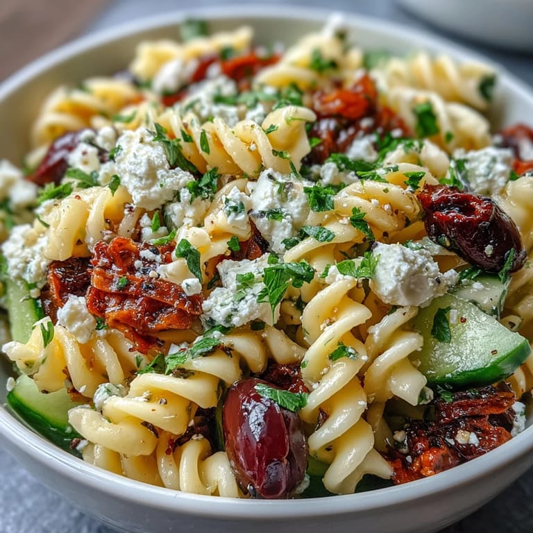 A vibrant Mediterranean pasta salad featuring tangy feta, briny Kalamata olives, and crisp cucumbers in a zesty olive oil dressing.