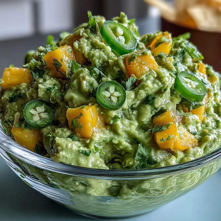 Vibrant avocado dip mixed with sweet mango and zesty jalapeño, ideal for dipping tortilla chips or topping tacos.  
