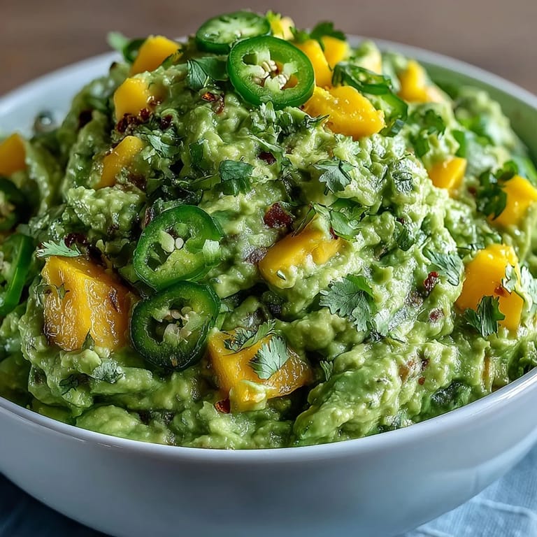 Fresh guacamole featuring ripe mango and jalapeño, a festive, vegan-friendly appetizer for any celebration or gathering.