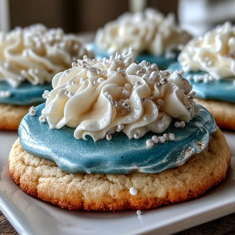 Soft vanilla sugar cookies inspired by Pure Vanilla Cookie Run Kingdom, decorated with royal icing in vibrant blue, white, and gold.
