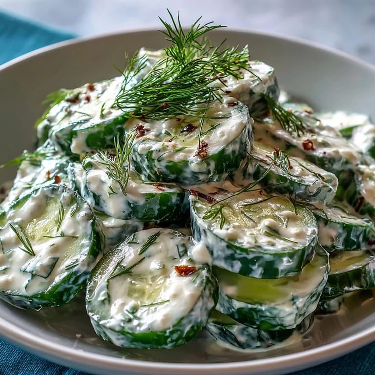 Cool and creamy cucumber salad with fresh dill, perfect for summer barbecues or Mediterranean meals.