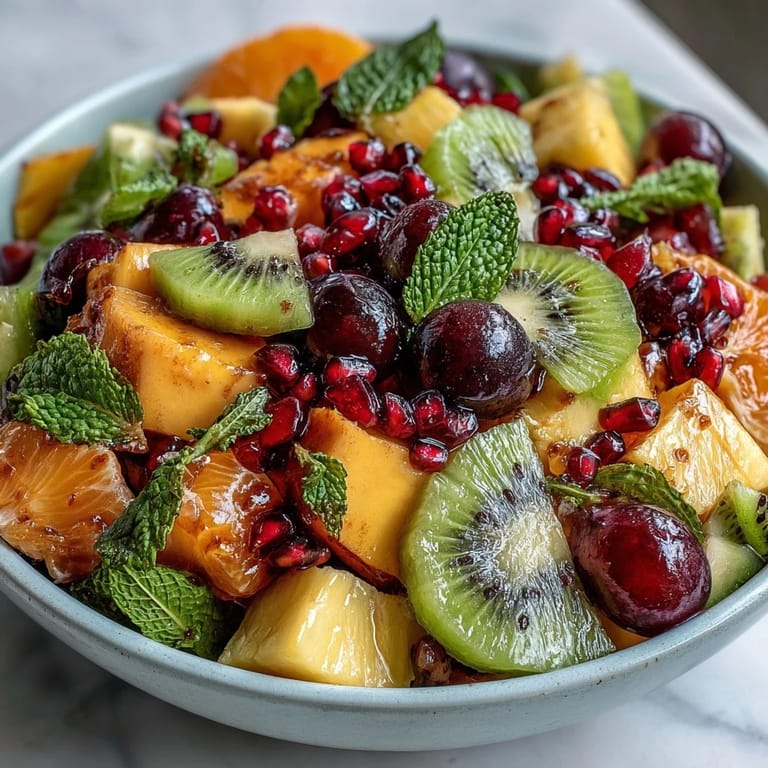 Colorful mango and pineapple platter garnished with mint and lime, perfect for parties, brunches, or healthy dessert spreads.