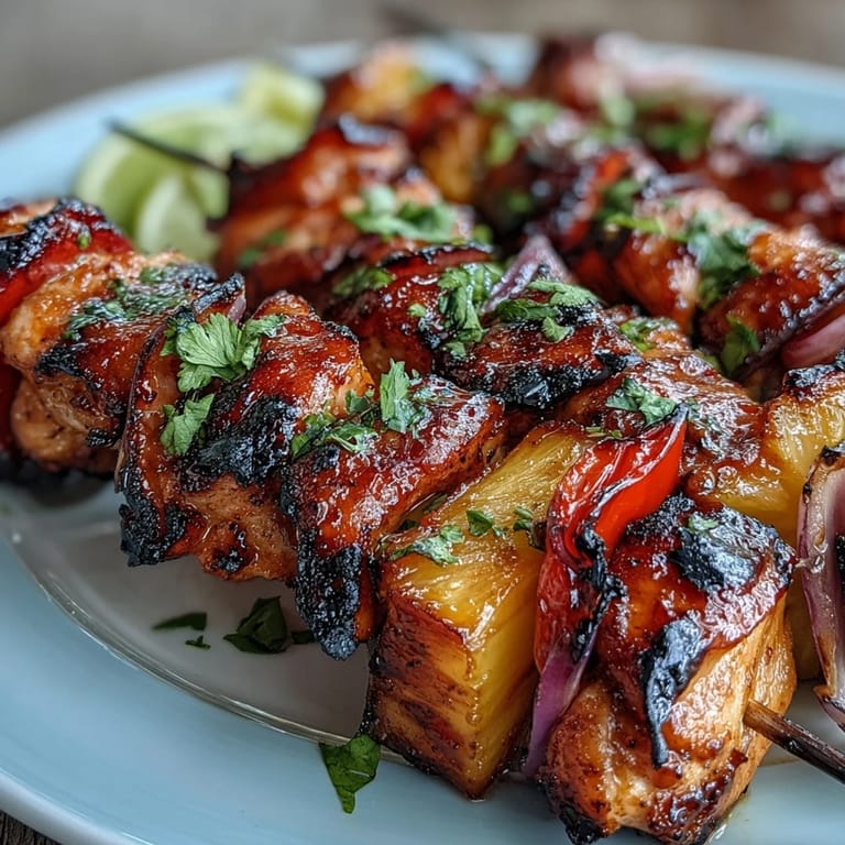 Sweet and savory Grilled Pineapple Chicken Skewers, featuring tender chicken and tropical pineapple on the grill.  