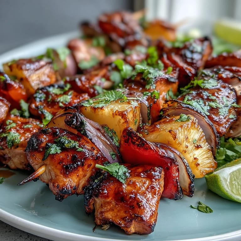 Colorful Grilled Pineapple Chicken Skewers with charred vegetables, offering a vibrant and flavorful main dish for cookouts.