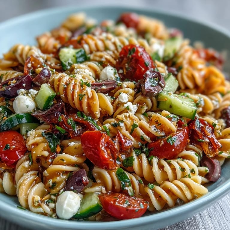 Refreshing Easy Summer Pasta Salad with mozzarella and crisp vegetables, tossed in zesty Italian dressing for a vibrant side dish.  