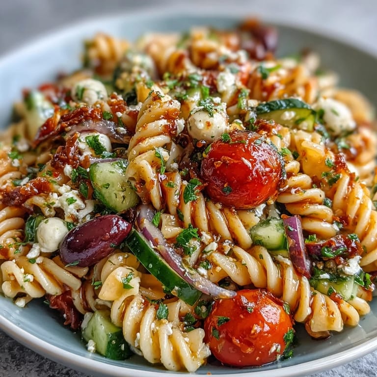 Bright, chilled pasta salad featuring fresh veggies and creamy mozzarella, dressed in Italian vinaigrette for a perfect summer meal.