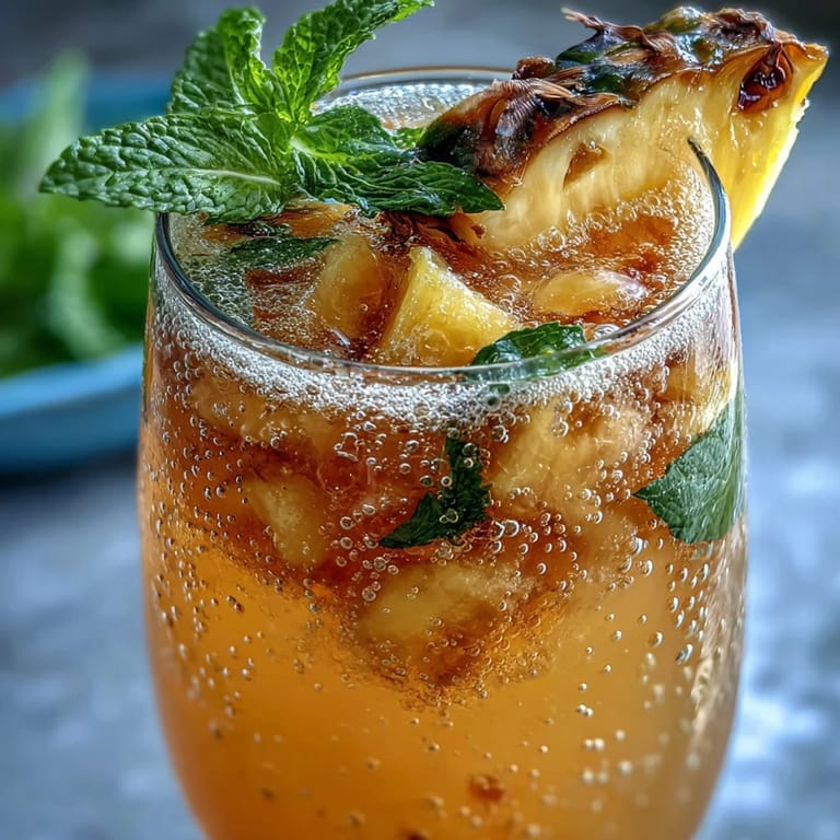 Juicy mango pineapple sparkling lemonade punch, garnished with fresh fruit.