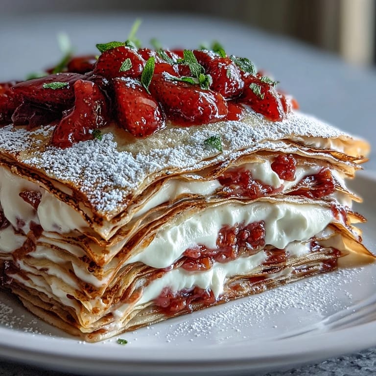 Beautiful Mother's Day Crêpe Cake dusted with powdered sugar and fresh fruit.